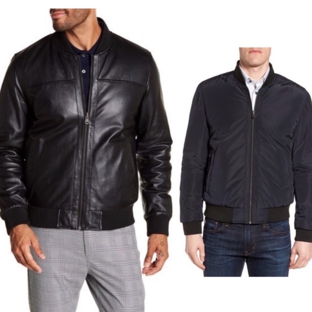 Cole Haan Reversible Leather Bomber Jacket Blk/Nvy